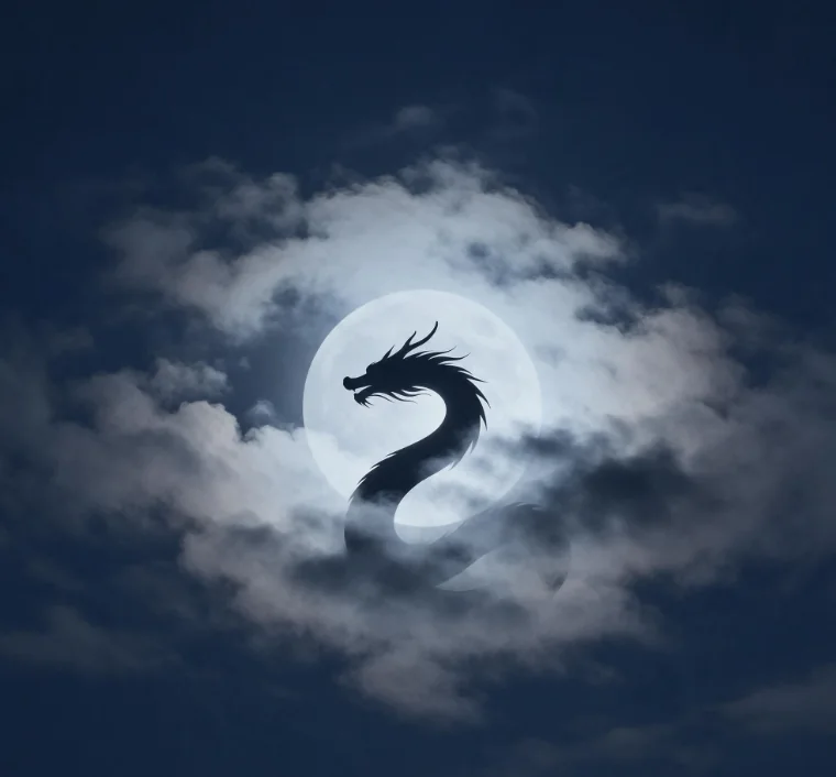 夜煞云品牌意象插画：夜空与中式龙形，非电影角色