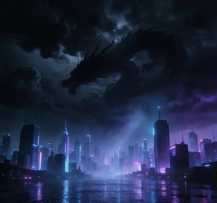 夜煞云品牌意象插画：夜空与中式龙形，非电影角色